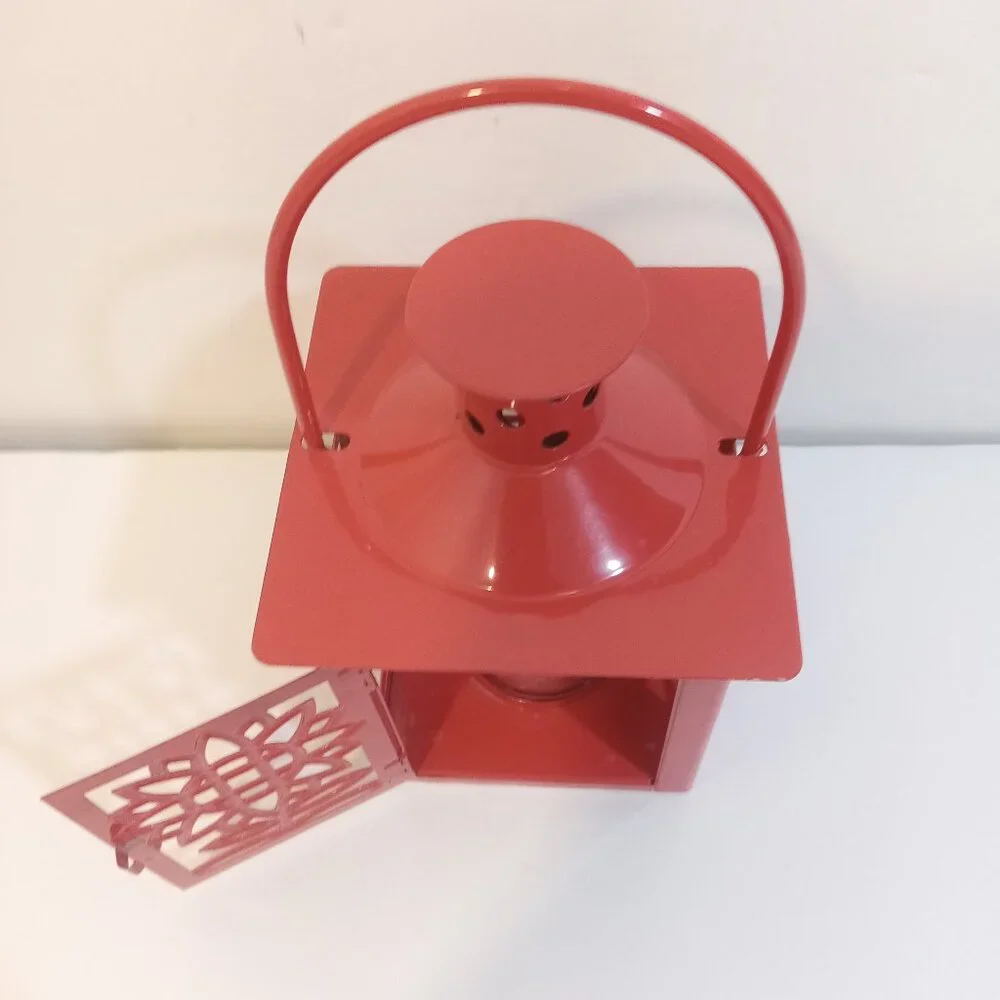HMK Lantern Candle Tea Light Holder Red Metal Floral Door Opens Handle Free Gift